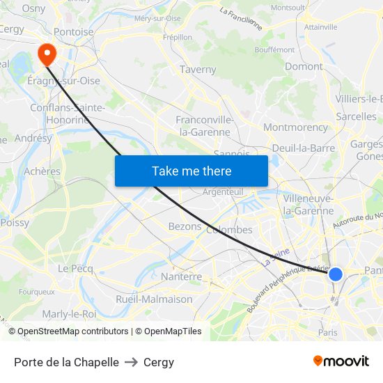 Porte de la Chapelle to Cergy map