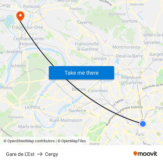 Gare de L'Est to Cergy map