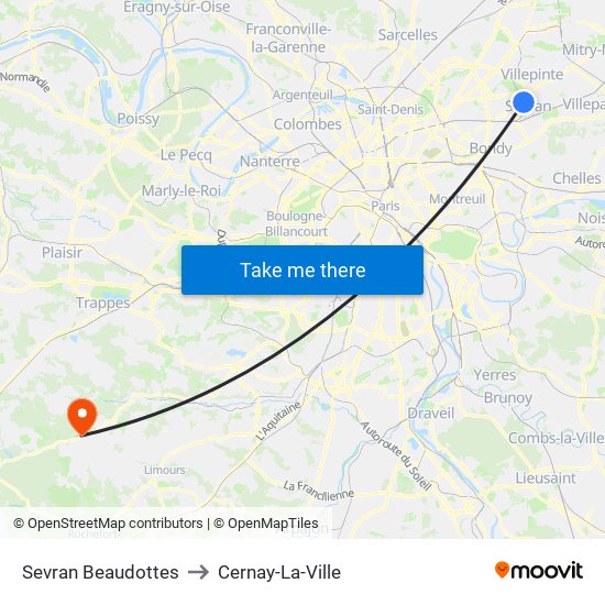 Sevran Beaudottes to Cernay-La-Ville map