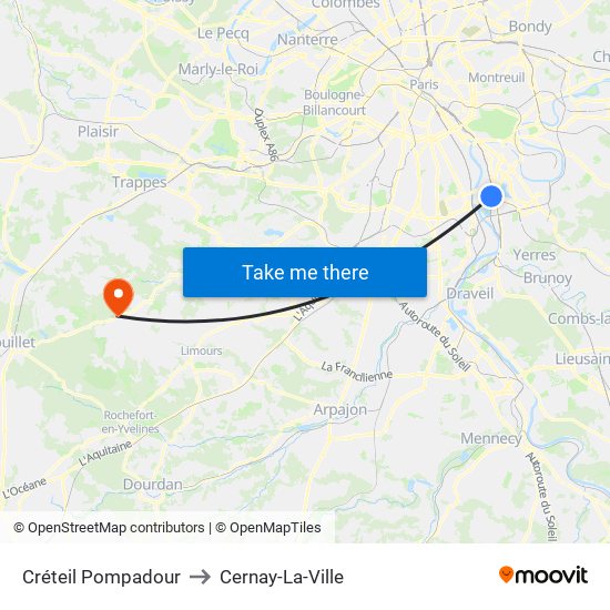 Créteil Pompadour to Cernay-La-Ville map