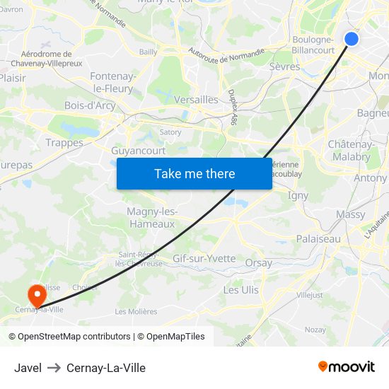 Javel to Cernay-La-Ville map