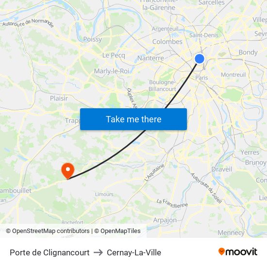 Porte de Clignancourt to Cernay-La-Ville map