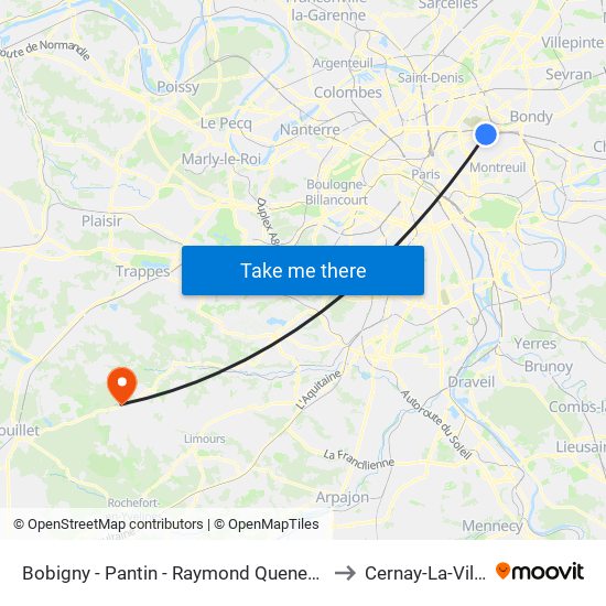 Bobigny - Pantin - Raymond Queneau to Cernay-La-Ville map