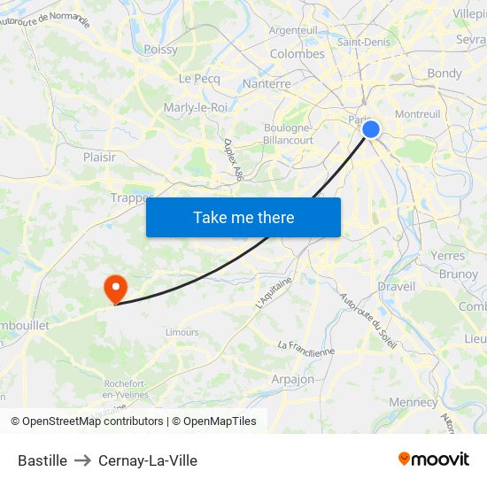 Bastille to Cernay-La-Ville map
