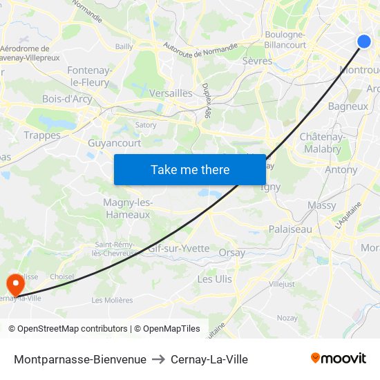 Montparnasse-Bienvenue to Cernay-La-Ville map