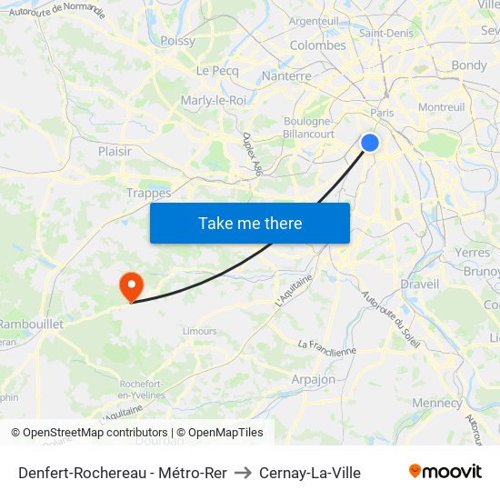 Denfert-Rochereau - Métro-Rer to Cernay-La-Ville map