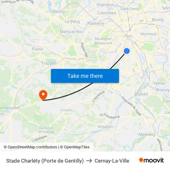 Stade Charléty (Porte de Gentilly) to Cernay-La-Ville map