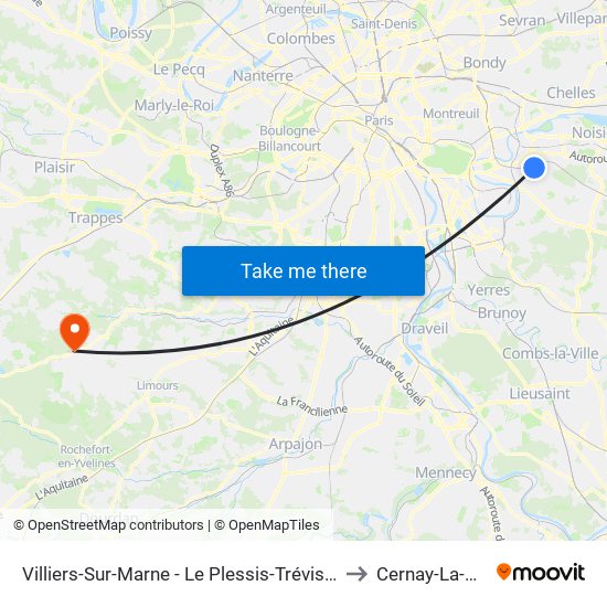 Villiers-Sur-Marne - Le Plessis-Trévise RER to Cernay-La-Ville map