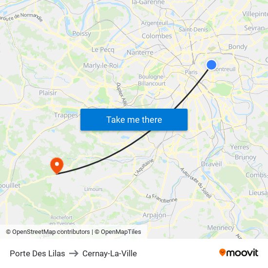 Porte Des Lilas to Cernay-La-Ville map