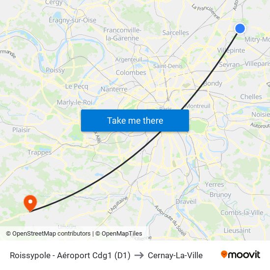 Roissypole - Aéroport Cdg1 (D1) to Cernay-La-Ville map