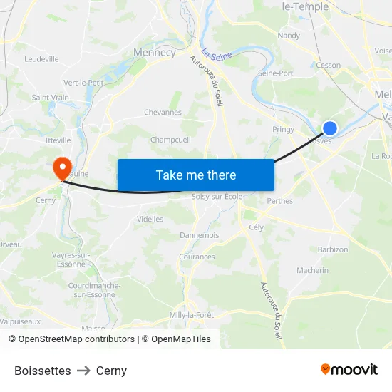 Boissettes to Cerny map