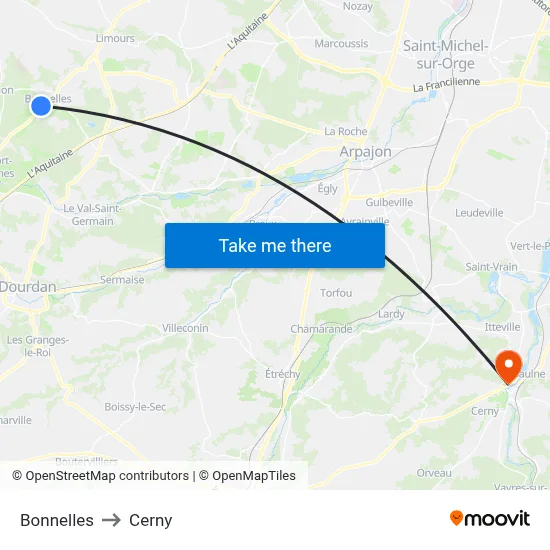 Bonnelles to Cerny map