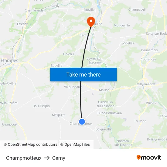 Champmotteux to Cerny map