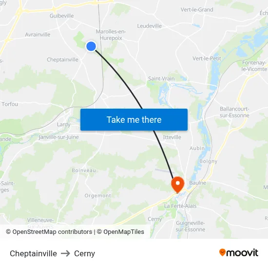 Cheptainville to Cerny map