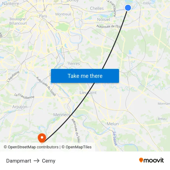 Dampmart to Cerny map