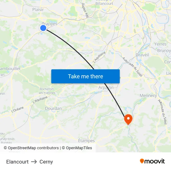Elancourt to Cerny map