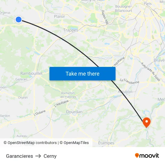 Garancieres to Cerny map