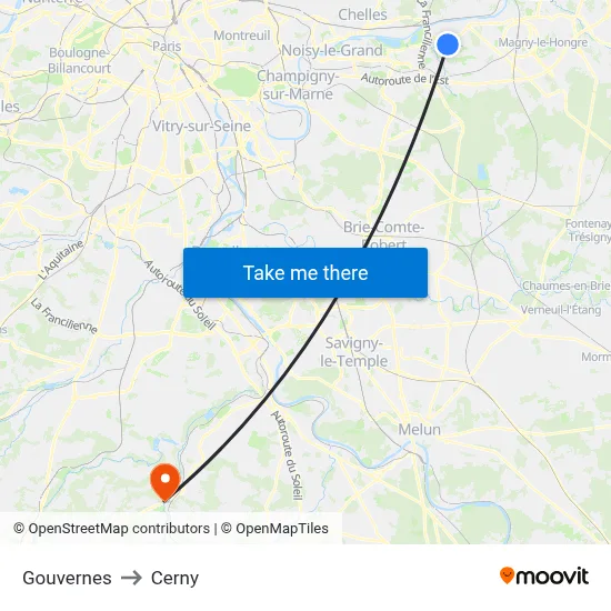 Gouvernes to Cerny map
