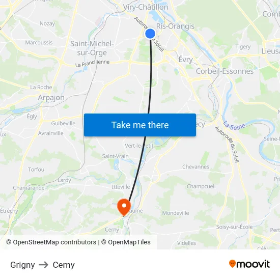 Grigny to Cerny map
