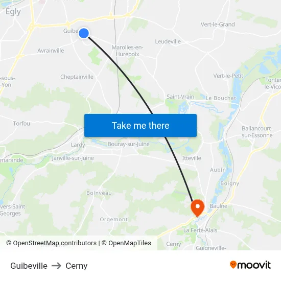 Guibeville to Cerny map