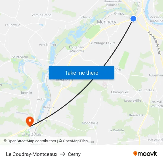 Le Coudray-Montceaux to Cerny map