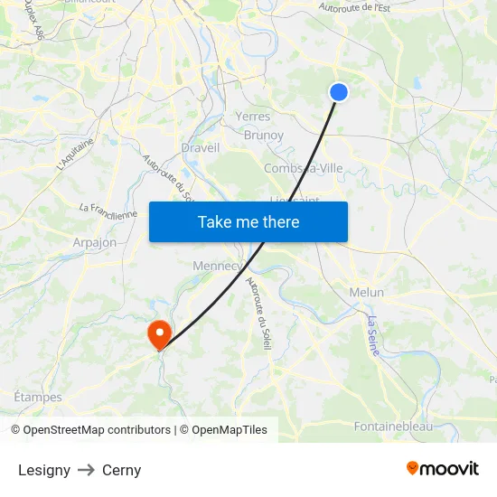 Lesigny to Cerny map