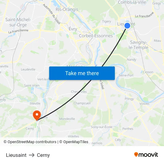 Lieusaint to Cerny map