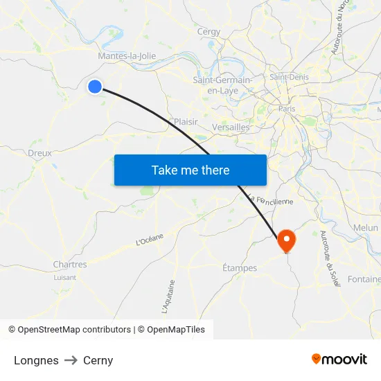 Longnes to Cerny map