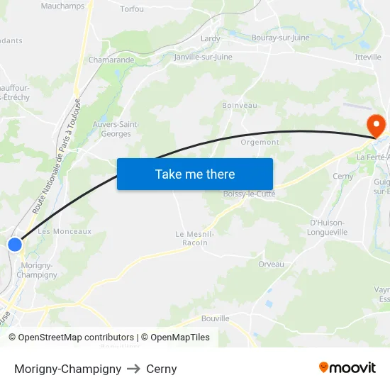 Morigny-Champigny to Cerny map