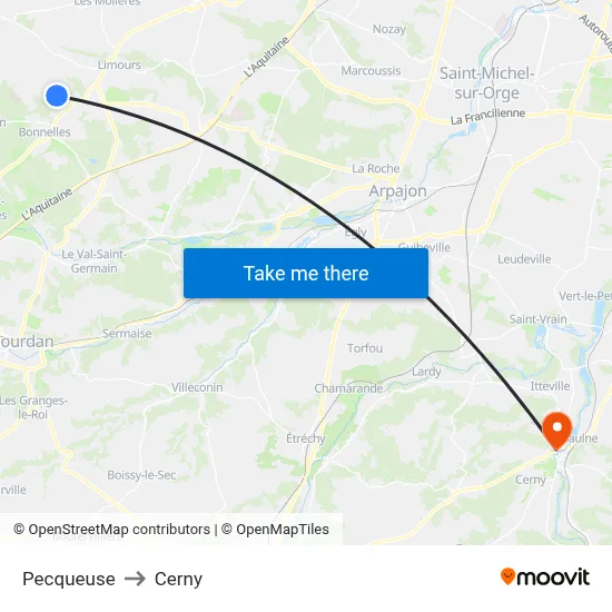 Pecqueuse to Cerny map