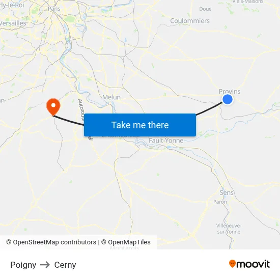 Poigny to Cerny map
