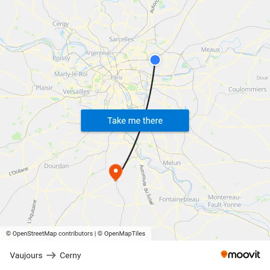 Vaujours to Cerny map