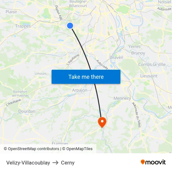 Velizy-Villacoublay to Cerny map
