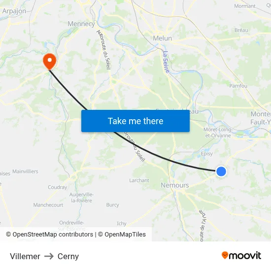 Villemer to Cerny map
