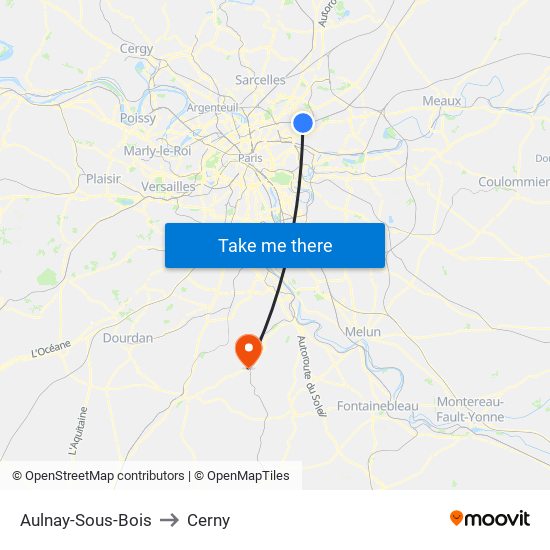 Aulnay-Sous-Bois to Cerny map