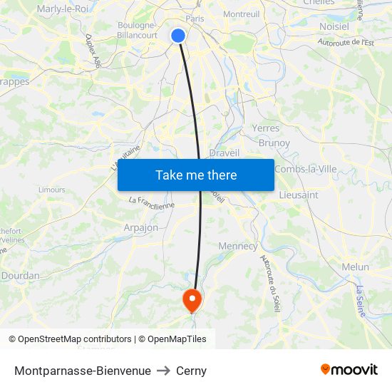 Montparnasse-Bienvenue to Cerny map