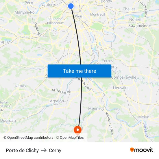Porte de Clichy to Cerny map