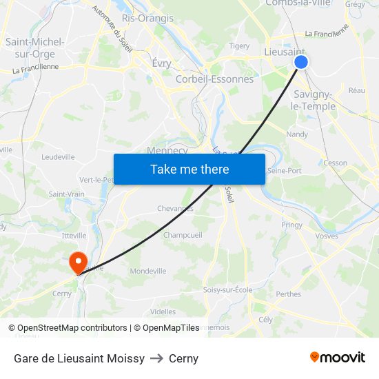 Gare de Lieusaint Moissy to Cerny map