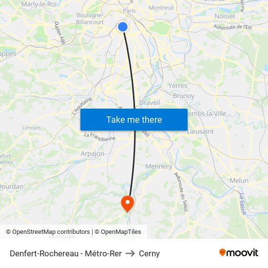 Denfert-Rochereau - Métro-Rer to Cerny map