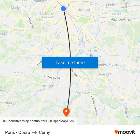 Paris - Opéra to Cerny map