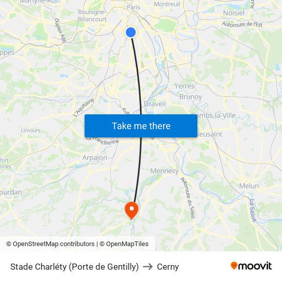 Stade Charléty (Porte de Gentilly) to Cerny map