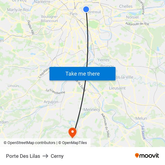 Porte Des Lilas to Cerny map