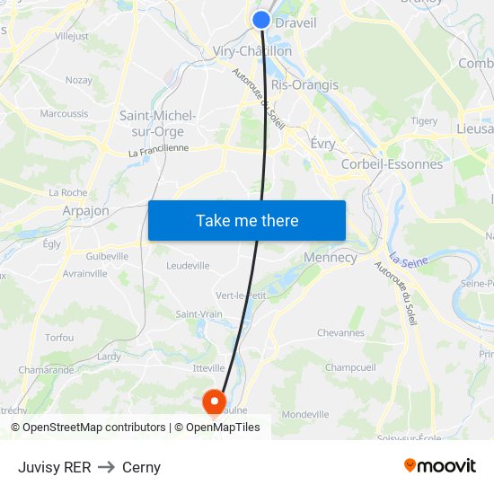 Juvisy RER to Cerny map