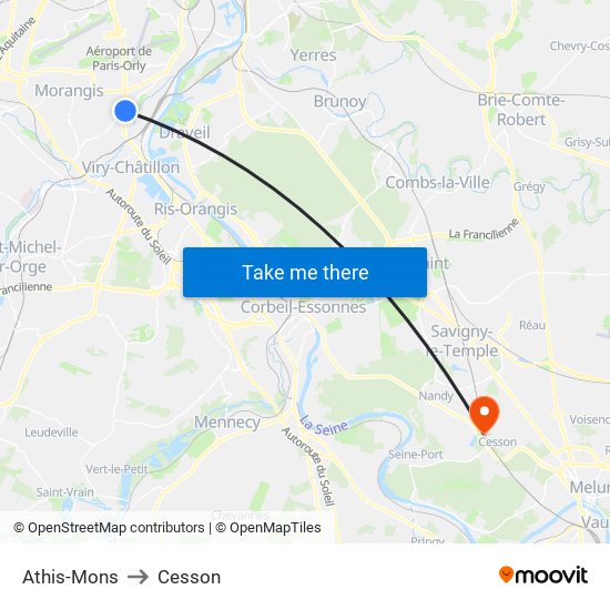Athis-Mons to Cesson map