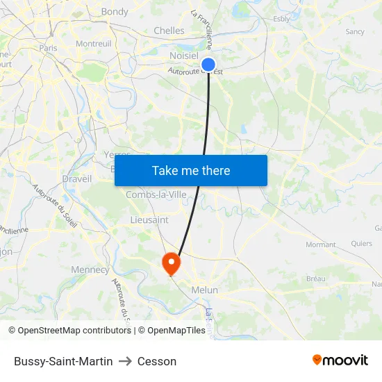 Bussy-Saint-Martin to Cesson map