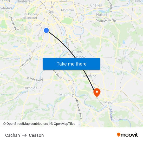 Cachan to Cesson map
