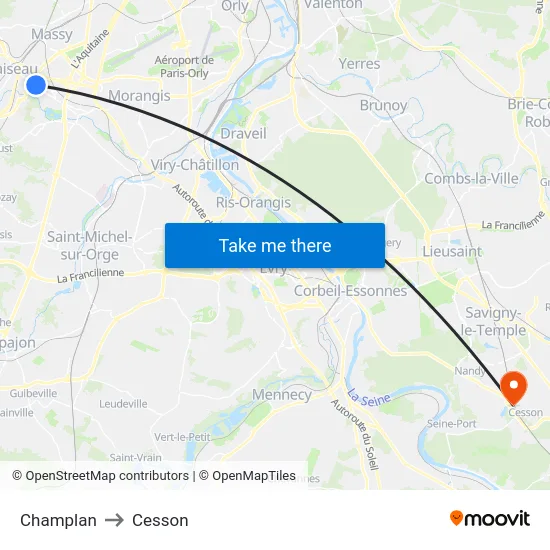 Champlan to Cesson map