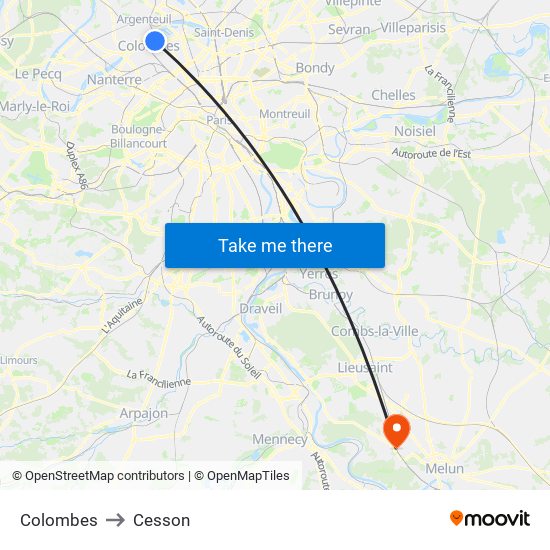 Colombes to Cesson map