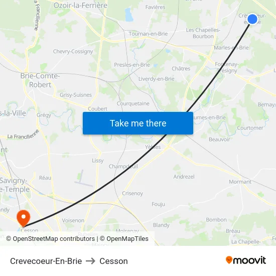 Crevecoeur-En-Brie to Cesson map