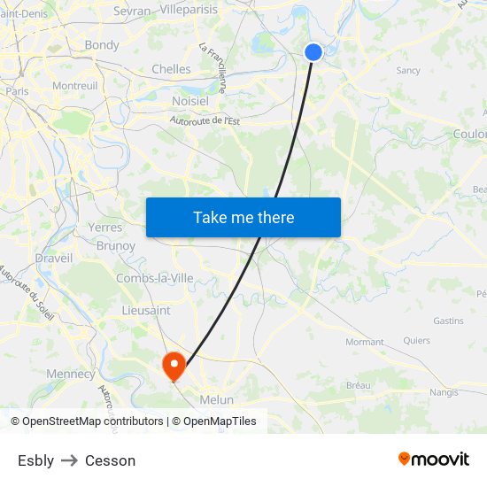Esbly to Cesson map